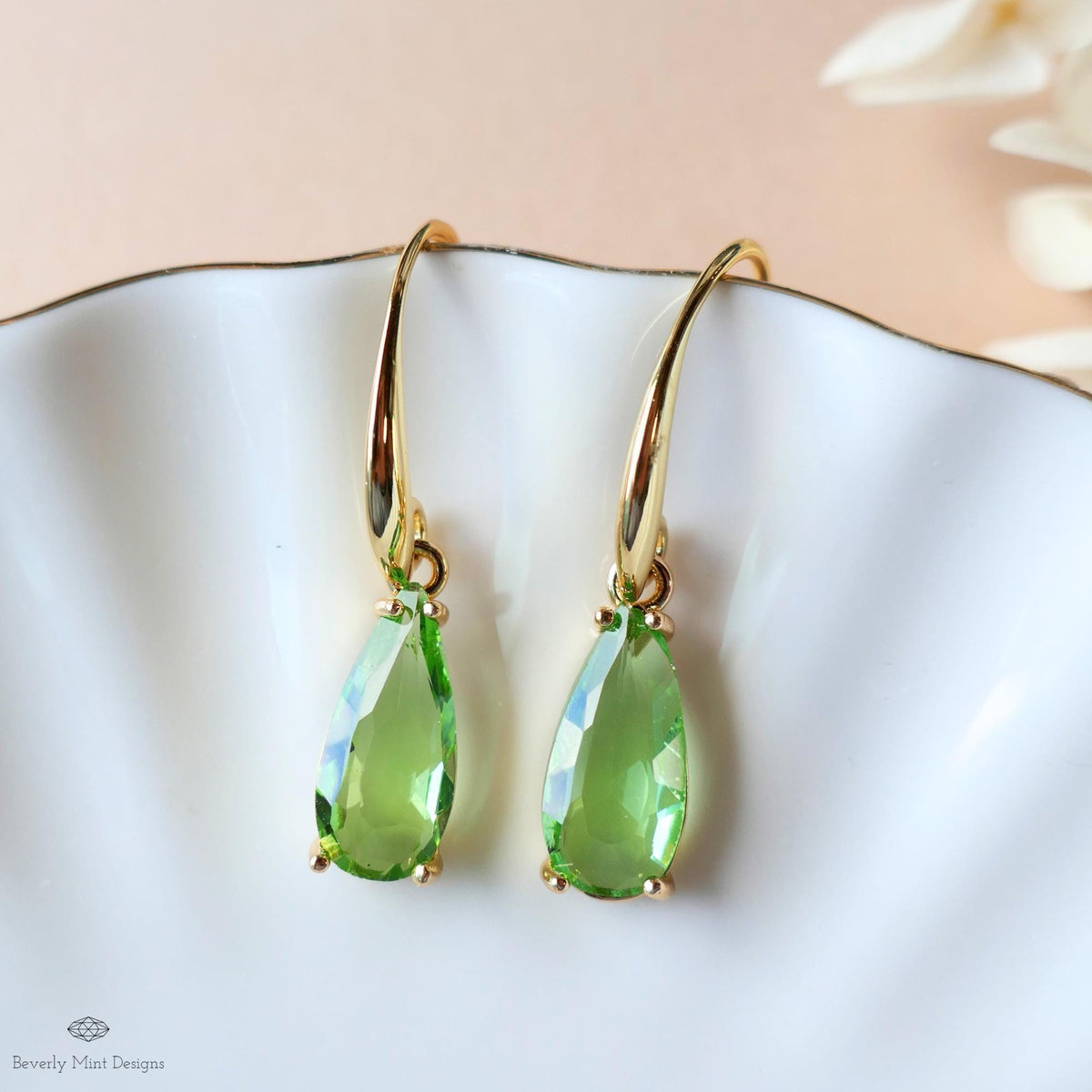 Green Teardrop Earrings, Gold Hook Dangle, Crystal Drop Earrings, Light Green Jewelry, Sensitive Ear & Clip-On Options