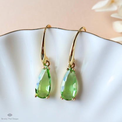 Green Teardrop Earrings, Gold Hook Dangle, Crystal Drop Earrings, Light Green Jewelry, Sensitive Ear & Clip-On Options
