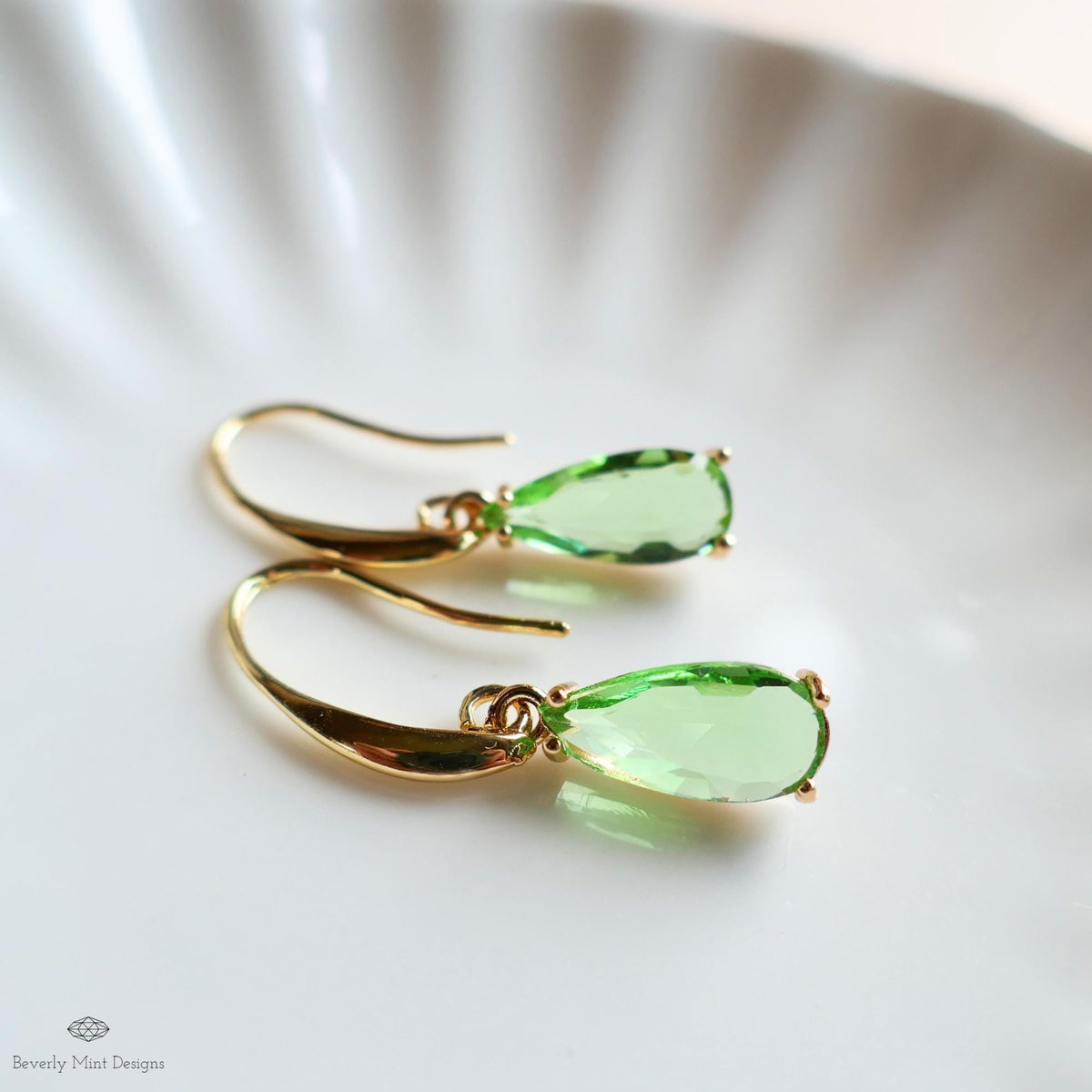 Green Teardrop Earrings, Gold Hook Dangle, Crystal Drop Earrings, Light Green Jewelry, Sensitive Ear & Clip-On Options