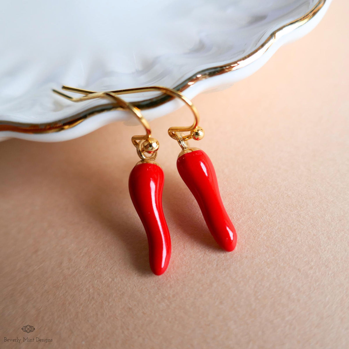 Red Chili Pepper Earrings, Red Pepper Dangle, Gold Hook Earrings, Fun Earrings, Spicy Statement Earrings, Sensitive Ear & Clip-On Options