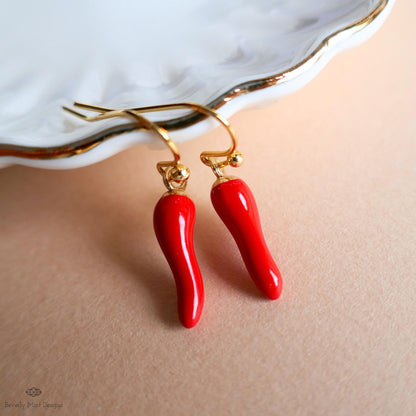 Red Chili Pepper Earrings, Red Pepper Dangle, Gold Hook Earrings, Fun Earrings, Spicy Statement Earrings, Sensitive Ear & Clip-On Options