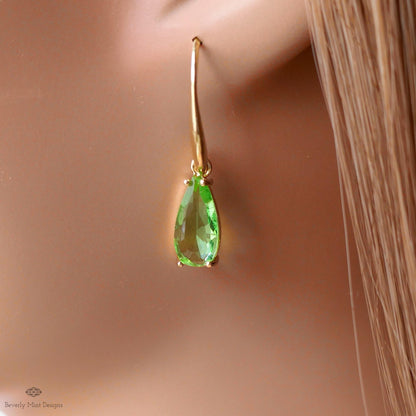Green Teardrop Earrings, Gold Hook Dangle, Crystal Drop Earrings, Light Green Jewelry, Sensitive Ear & Clip-On Options