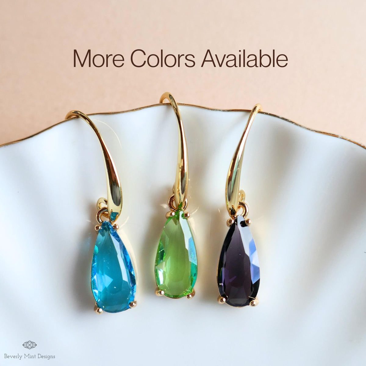 Green Teardrop Earrings, Gold Hook Dangle, Crystal Drop Earrings, Light Green Jewelry, Sensitive Ear & Clip-On Options