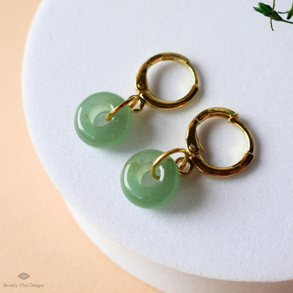 Gold Hoop Earrings with Green Aventurine, Donut Stone Earrings, Minimalist Everyday Hoops, Sensitive Ear & Clip-On Options