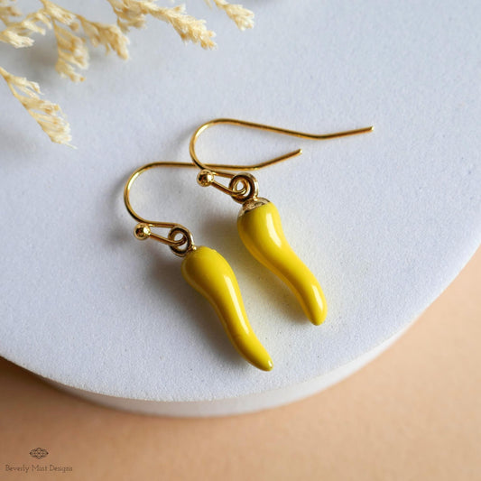 Chili Pepper Earrings, Yellow Pepper Dangle, Gold Hook Earrings, Fun Earrings, Spicy Statement Earrings, Sensitive Ear & Clip-On Options