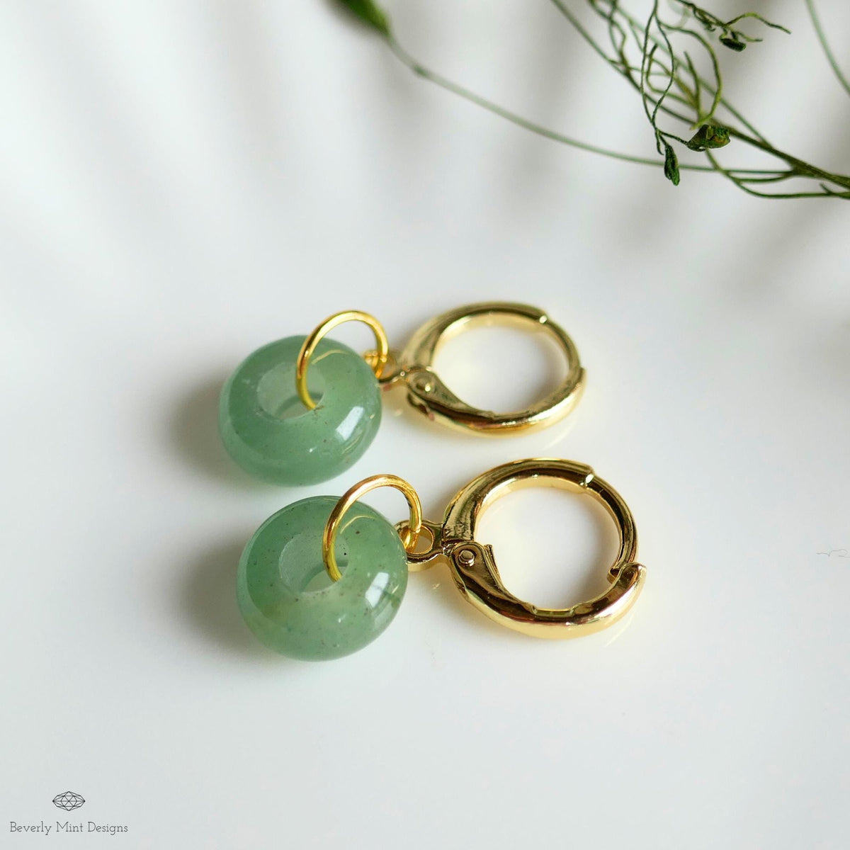 Gold Hoop Earrings with Green Aventurine, Donut Stone Earrings, Minimalist Everyday Hoops, Sensitive Ear & Clip-On Options