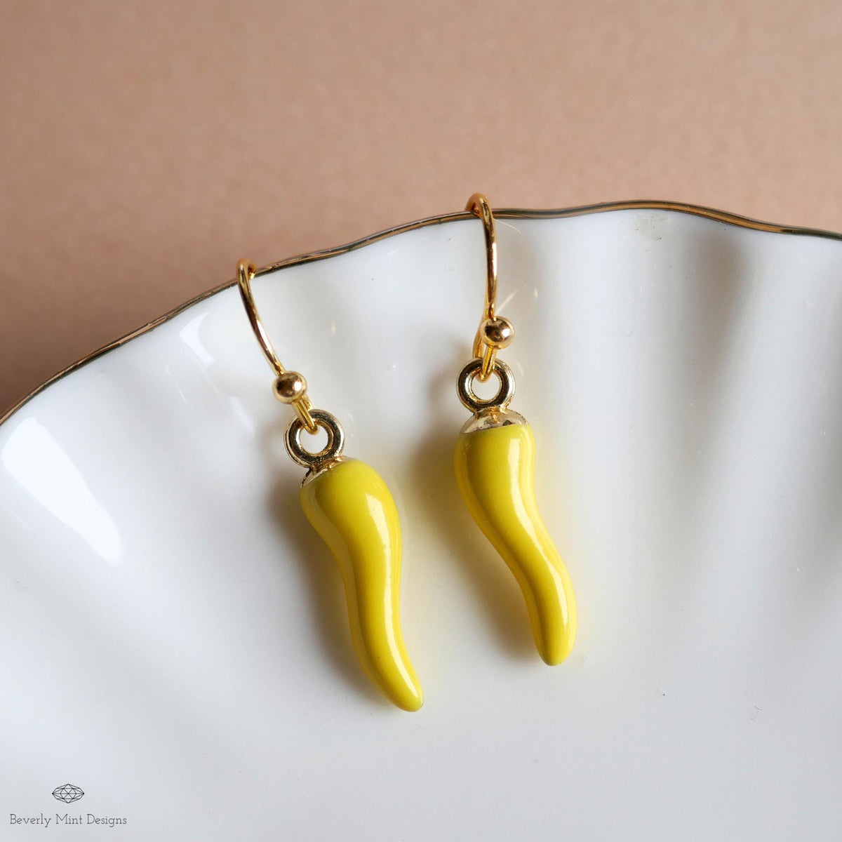 Chili Pepper Earrings, Yellow Pepper Dangle, Gold Hook Earrings, Fun Earrings, Spicy Statement Earrings, Sensitive Ear & Clip-On Options