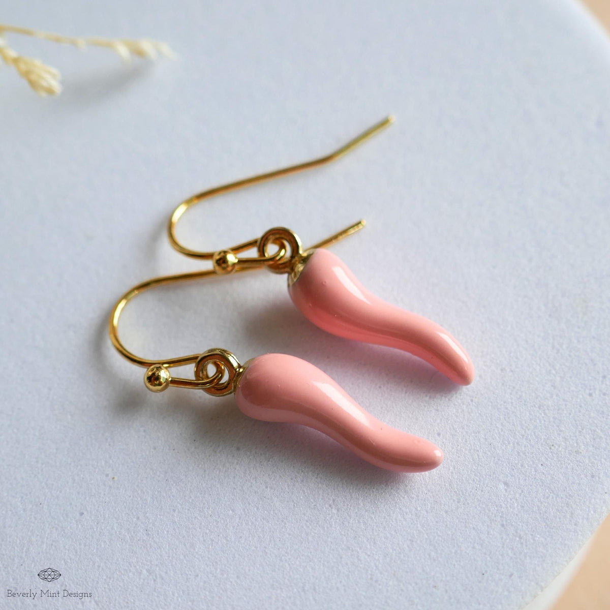 Chili Pepper Earrings, Light Pink Pepper Dangle, Gold Hook Earrings, Fun Earrings, Spicy Statement Earrings, Sensitive Ear & Clip-On Options