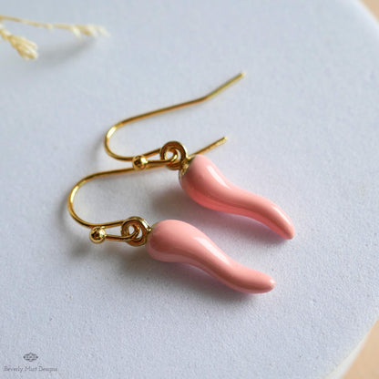 Chili Pepper Earrings, Light Pink Pepper Dangle, Gold Hook Earrings, Fun Earrings, Spicy Statement Earrings, Sensitive Ear & Clip-On Options