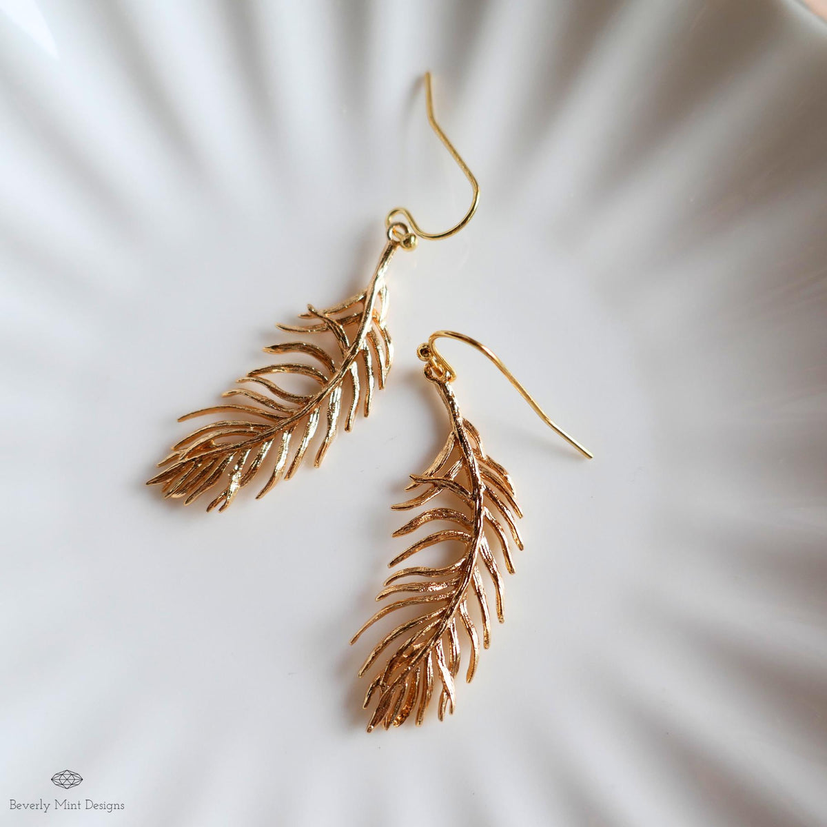 Gold Feather Earrings, Dainty Boho Dangle, Lightweight Hook Earrings, Nature Inspired Jewelry, Minimalist, Sensitive Ear & Clip-On Options