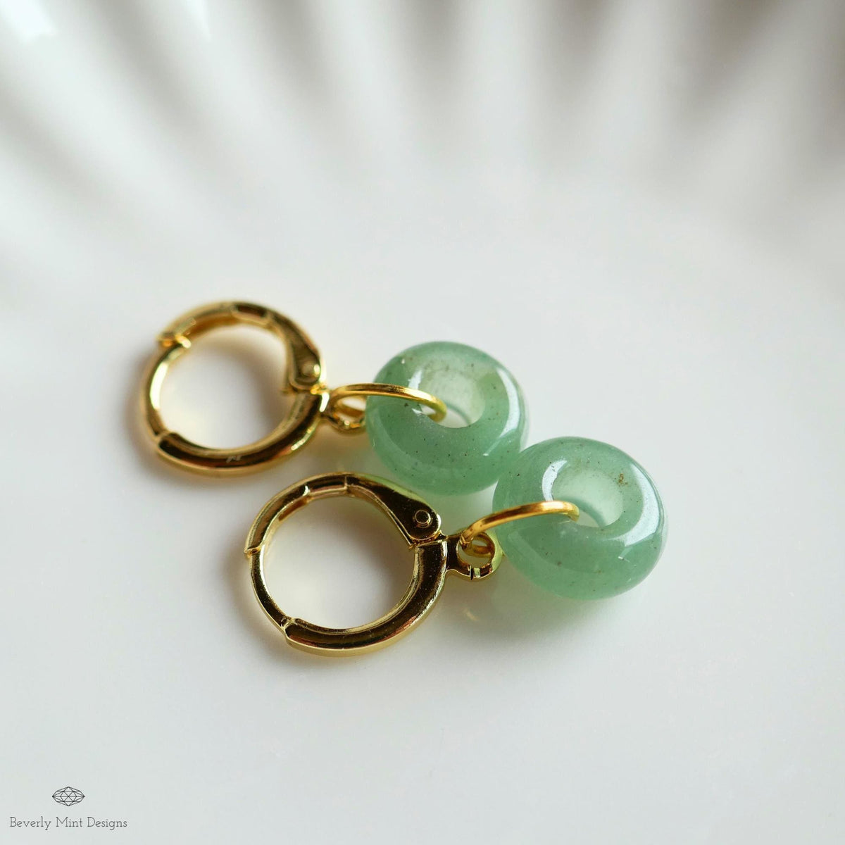 Gold Hoop Earrings with Green Aventurine, Donut Stone Earrings, Minimalist Everyday Hoops, Sensitive Ear & Clip-On Options