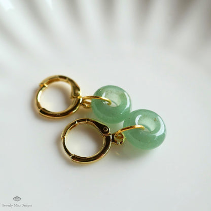 Gold Hoop Earrings with Green Aventurine, Donut Stone Earrings, Minimalist Everyday Hoops, Sensitive Ear & Clip-On Options