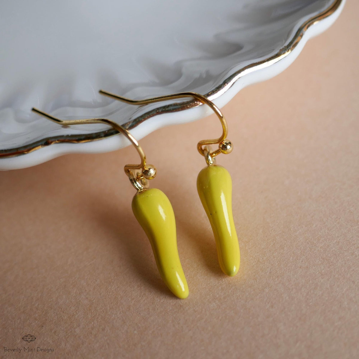 Chili Pepper Earrings, Yellow Pepper Dangle, Gold Hook Earrings, Fun Earrings, Spicy Statement Earrings, Sensitive Ear & Clip-On Options