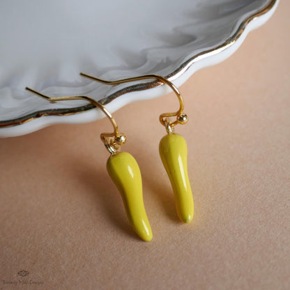 Chili Pepper Earrings, Yellow Pepper Dangle, Gold Hook Earrings, Fun Earrings, Spicy Statement Earrings, Sensitive Ear & Clip-On Options