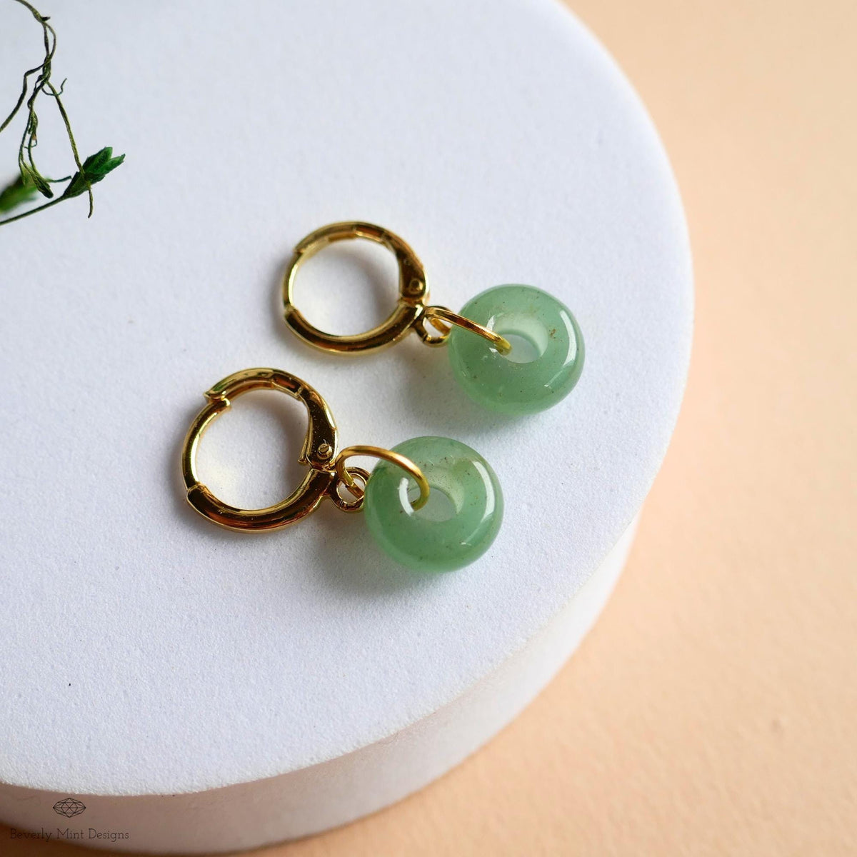 Gold Hoop Earrings with Green Aventurine, Donut Stone Earrings, Minimalist Everyday Hoops, Sensitive Ear & Clip-On Options