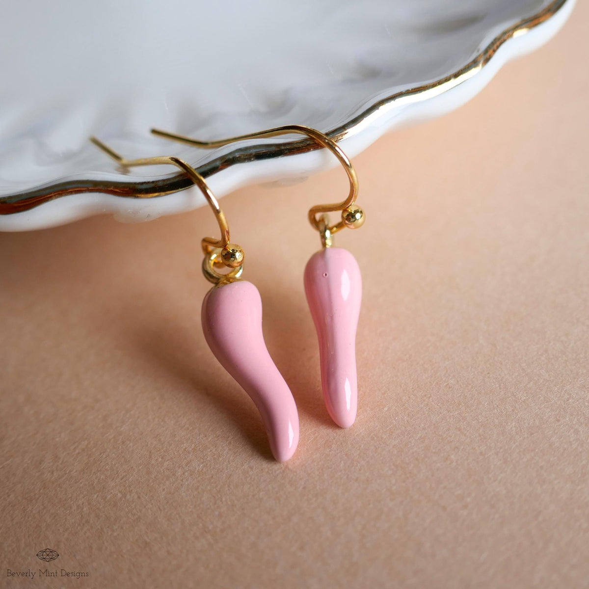 Chili Pepper Earrings, Light Pink Pepper Dangle, Gold Hook Earrings, Fun Earrings, Spicy Statement Earrings, Sensitive Ear & Clip-On Options