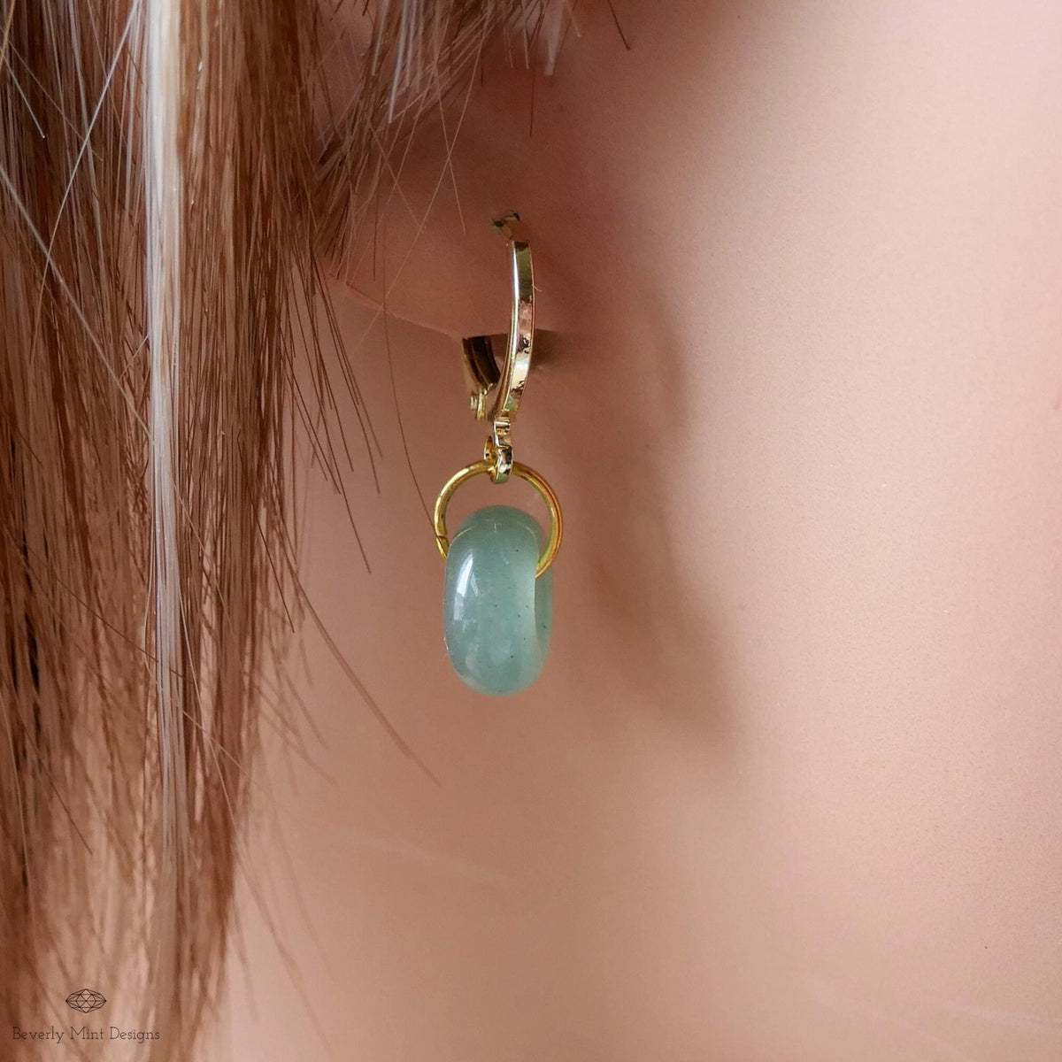 Gold Hoop Earrings with Green Aventurine, Donut Stone Earrings, Minimalist Everyday Hoops, Sensitive Ear & Clip-On Options