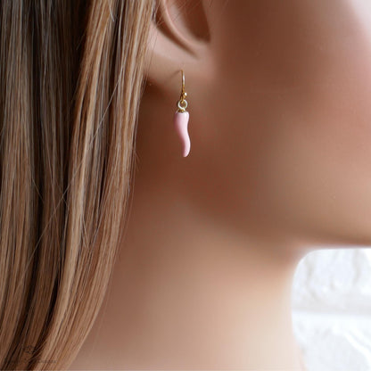 Chili Pepper Earrings, Light Pink Pepper Dangle, Gold Hook Earrings, Fun Earrings, Spicy Statement Earrings, Sensitive Ear & Clip-On Options