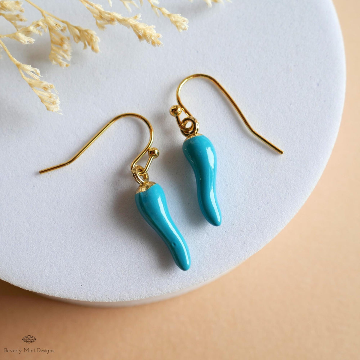 Chili Pepper Earrings, Light Blue Pepper Dangle, Gold Hook Earrings, Fun Earrings, Spicy Statement Earrings, Sensitive Ear & Clip-On Options