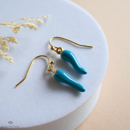 Chili Pepper Earrings, Light Blue Pepper Dangle, Gold Hook Earrings, Fun Earrings, Spicy Statement Earrings, Sensitive Ear & Clip-On Options