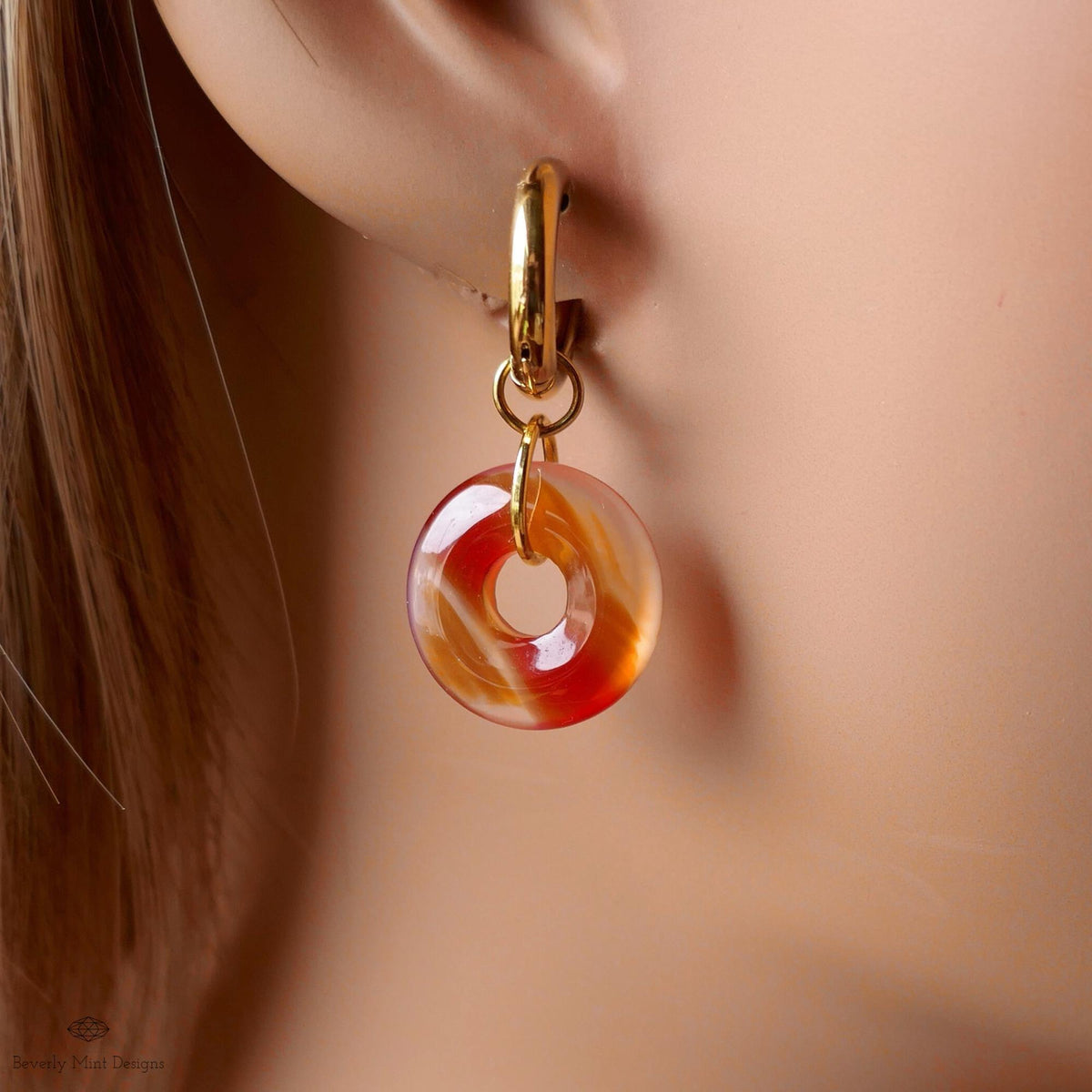 Red Agate Donut Earrings, Chunky Gold Hoops, Natural Stone Jewelry, Orange Dangle Earrings,