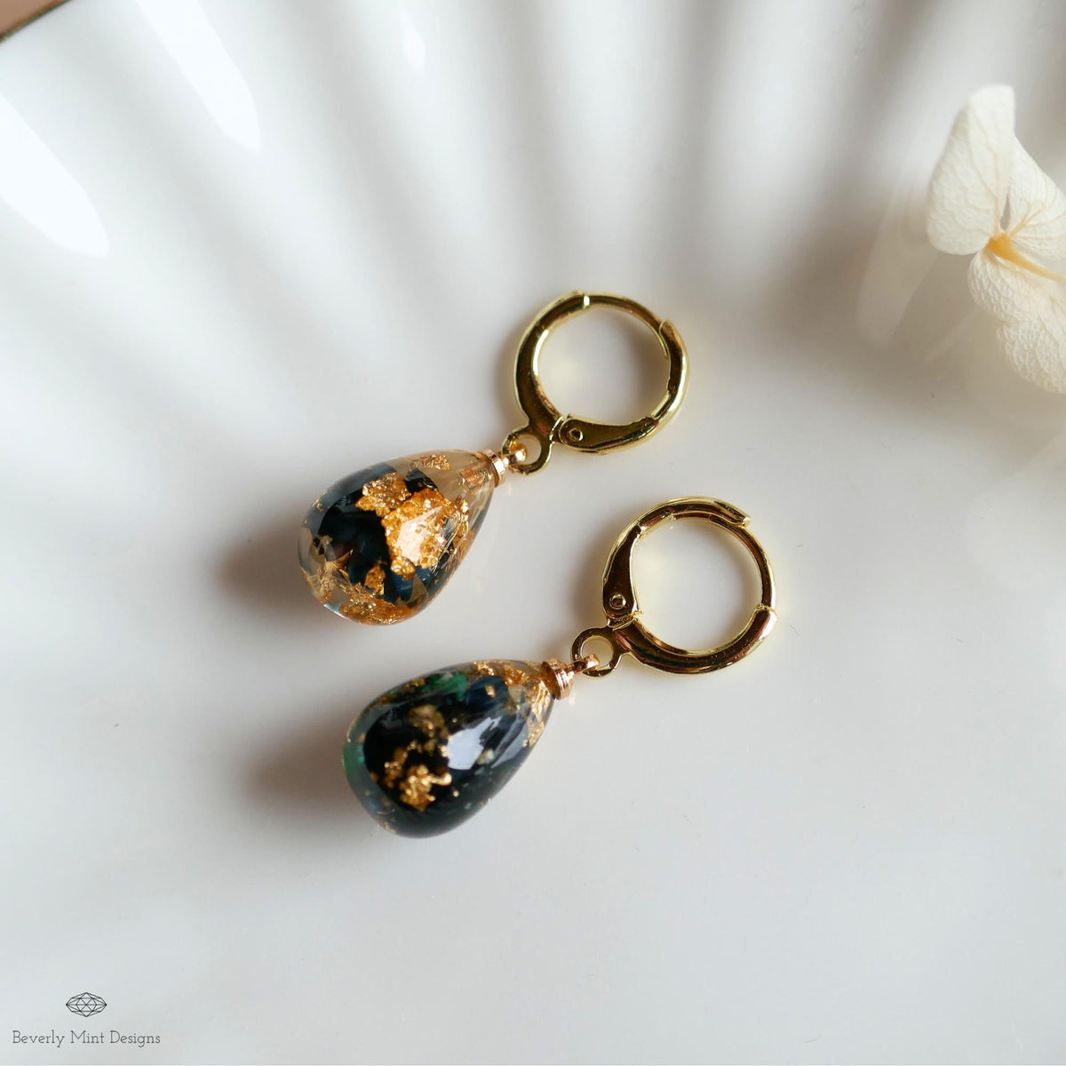 Pressed Flower Resin Earrings, Black Floral Drop Earrings, Gold Flake Jewelry, Nature Inspired Jewelry, Sensitive Ear & Clip-On Options