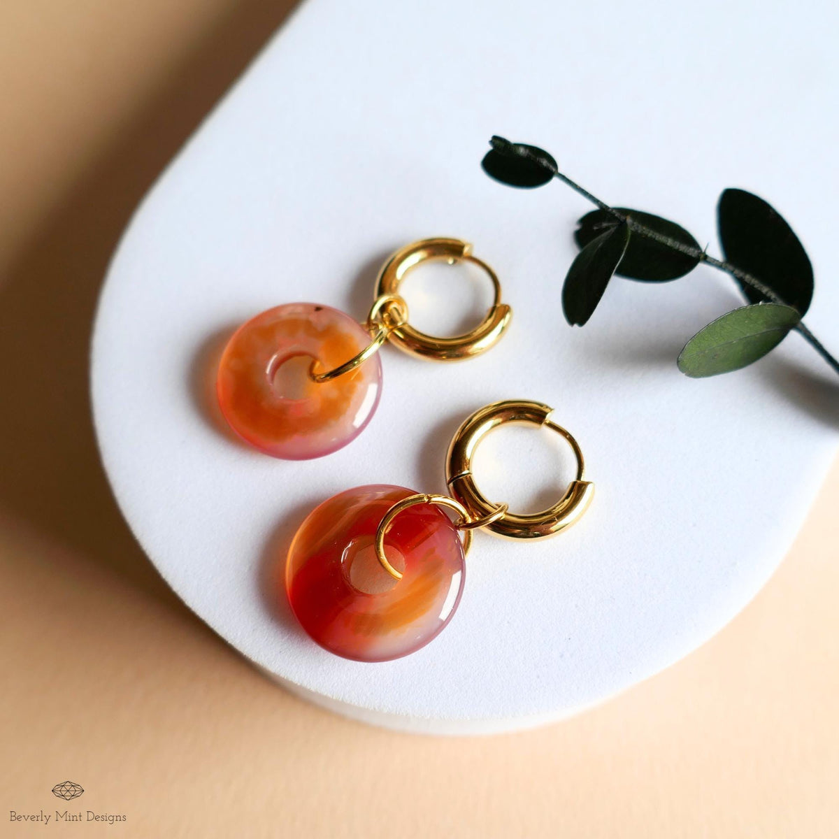 Red Agate Donut Earrings, Chunky Gold Hoops, Natural Stone Jewelry, Orange Dangle Earrings,