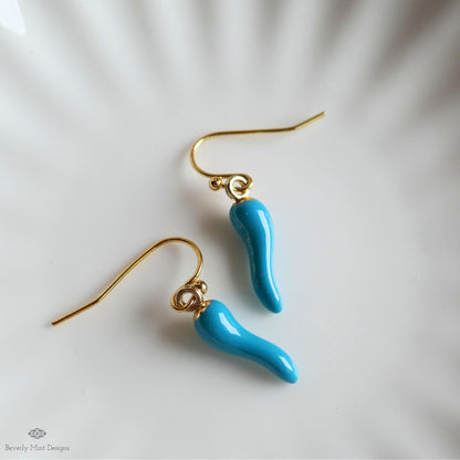 Chili Pepper Earrings, Light Blue Pepper Dangle, Gold Hook Earrings, Fun Earrings, Spicy Statement Earrings, Sensitive Ear & Clip-On Options