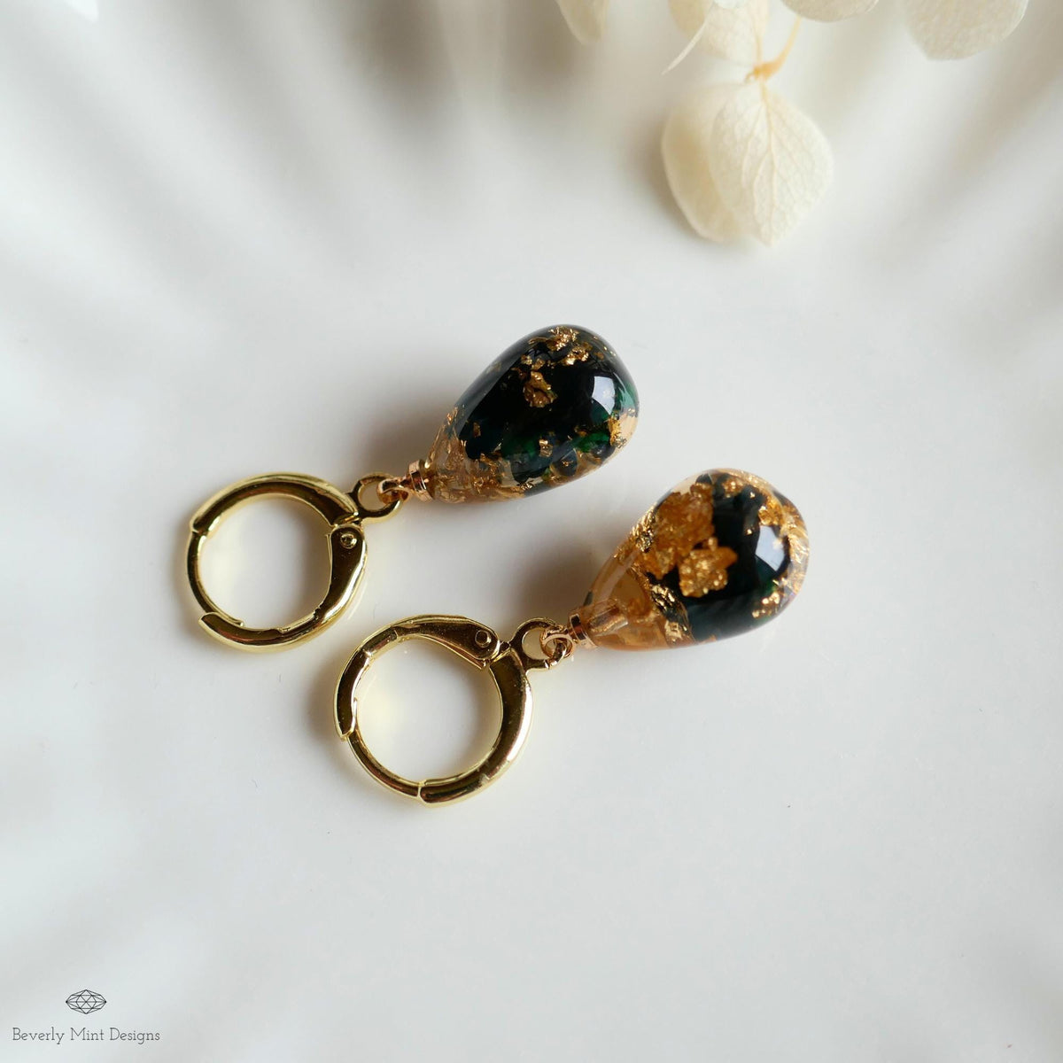 Pressed Flower Resin Earrings, Black Floral Drop Earrings, Gold Flake Jewelry, Nature Inspired Jewelry, Sensitive Ear & Clip-On Options