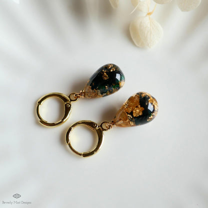 Pressed Flower Resin Earrings, Black Floral Drop Earrings, Gold Flake Jewelry, Nature Inspired Jewelry, Sensitive Ear & Clip-On Options