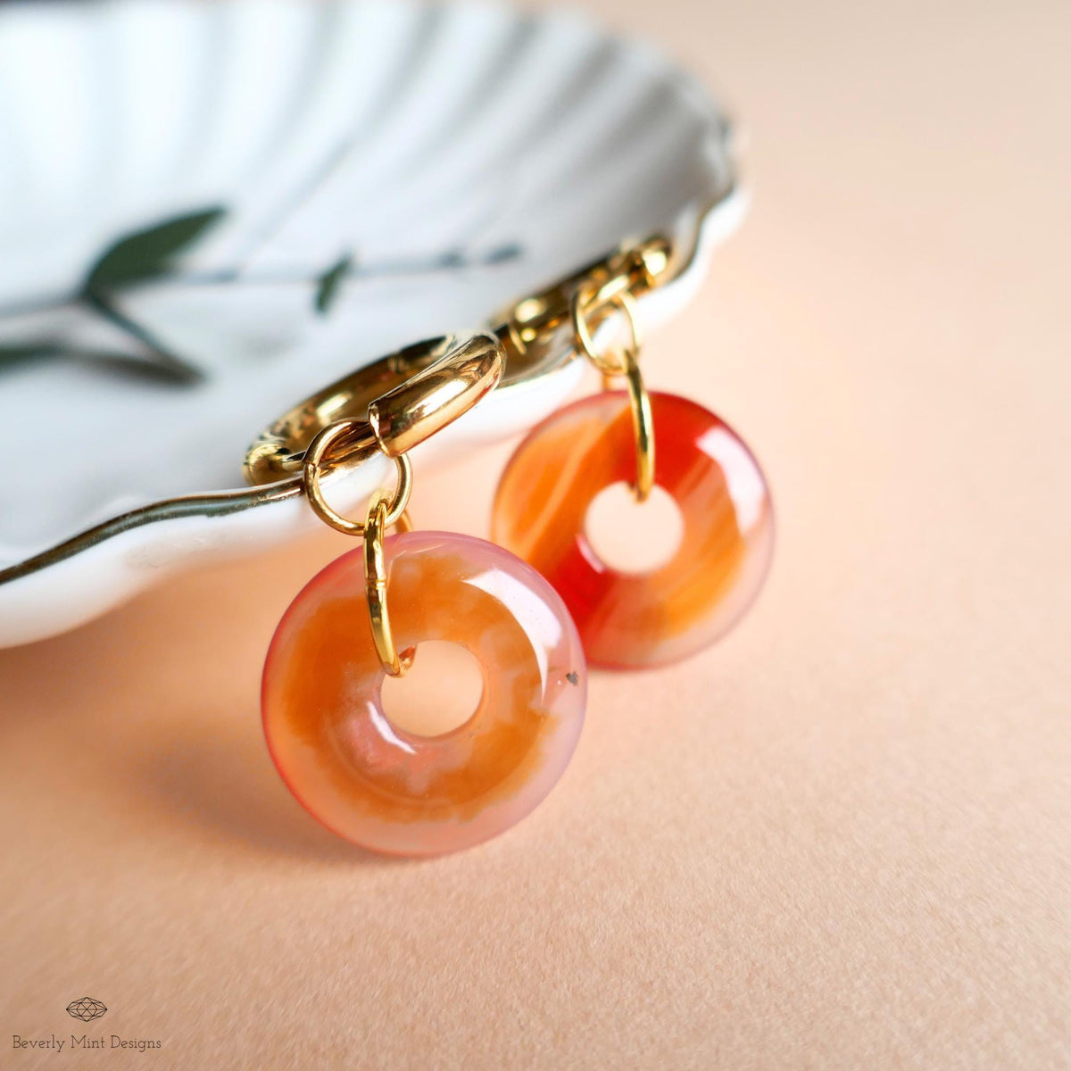 Red Agate Donut Earrings, Chunky Gold Hoops, Natural Stone Jewelry, Orange Dangle Earrings,