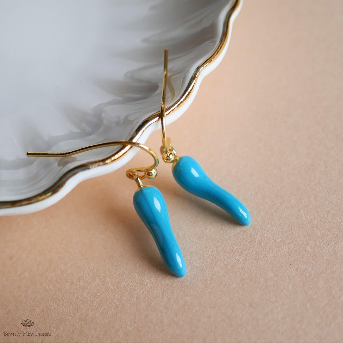 Chili Pepper Earrings, Light Blue Pepper Dangle, Gold Hook Earrings, Fun Earrings, Spicy Statement Earrings, Sensitive Ear & Clip-On Options