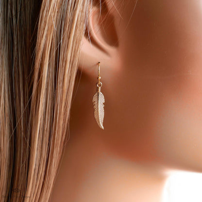 Gold Feather Earrings, Dainty Boho Dangle, Lightweight Hook Earrings, Nature Inspired Jewelry, Minimalist, Sensitive Ear & Clip-On Options