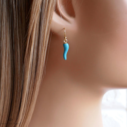 Chili Pepper Earrings, Light Blue Pepper Dangle, Gold Hook Earrings, Fun Earrings, Spicy Statement Earrings, Sensitive Ear & Clip-On Options