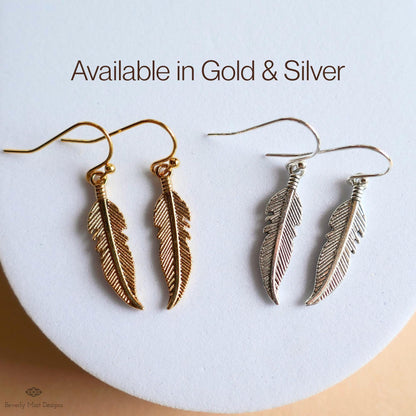 Gold Feather Earrings, Dainty Boho Dangle, Lightweight Hook Earrings, Nature Inspired Jewelry, Minimalist, Sensitive Ear & Clip-On Options