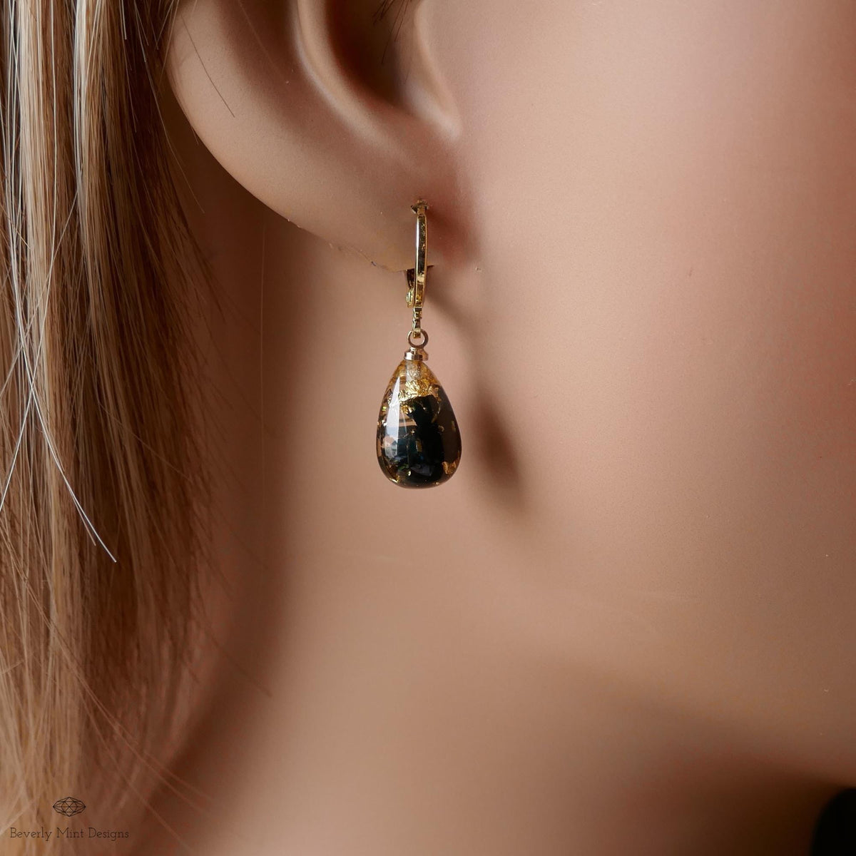 Pressed Flower Resin Earrings, Black Floral Drop Earrings, Gold Flake Jewelry, Nature Inspired Jewelry, Sensitive Ear & Clip-On Options