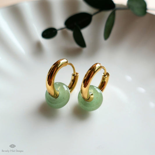 Chunky Gold Hoop Earrings with Green Aventurine Donut Charm, Modern Everyday Earrings, Natural Stone Jewelry,