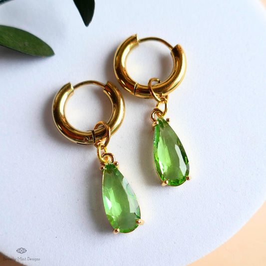 Light Green Crystal Earrings, Gold Teardrop Huggie, Elegant Drop Hoop Earrings, Peridot Style Jewelry, Minimalist