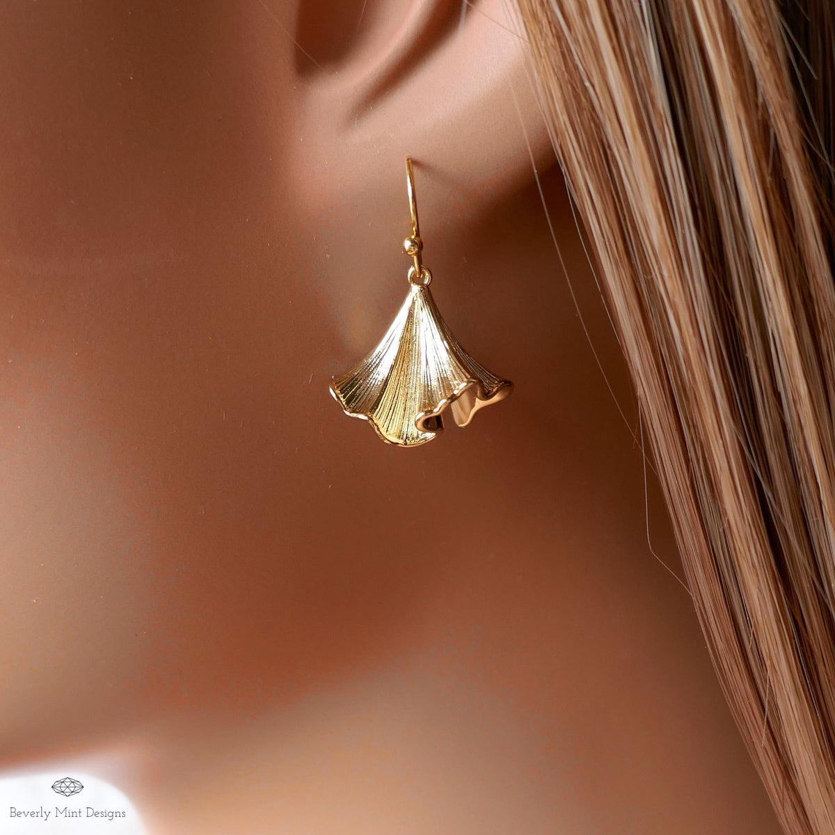 Gold Flower Earrings, Bell Bloom Dangles, Nature Inspired Jewelry, Elegant Hook Earrings, Botanical Drop, Sensitive Ear & Clip-On Options