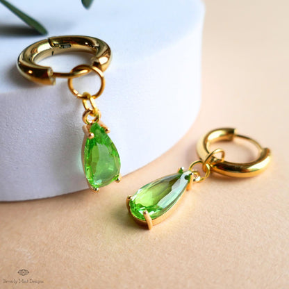 Light Green Crystal Earrings, Gold Teardrop Huggie, Elegant Drop Hoop Earrings, Peridot Style Jewelry, Minimalist