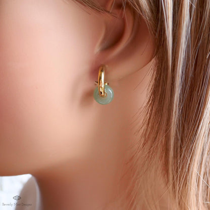 Chunky Gold Hoop Earrings with Green Aventurine Donut Charm, Modern Everyday Earrings, Natural Stone Jewelry,