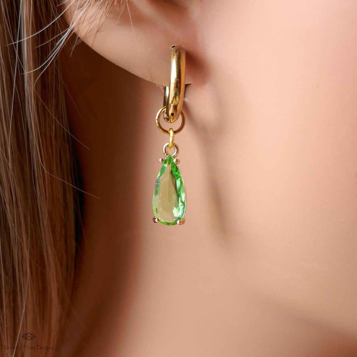 Light Green Crystal Earrings, Gold Teardrop Huggie, Elegant Drop Hoop Earrings, Peridot Style Jewelry, Minimalist