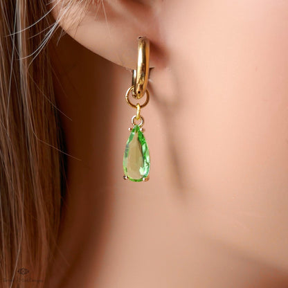 Light Green Crystal Earrings, Gold Teardrop Huggie, Elegant Drop Hoop Earrings, Peridot Style Jewelry, Minimalist