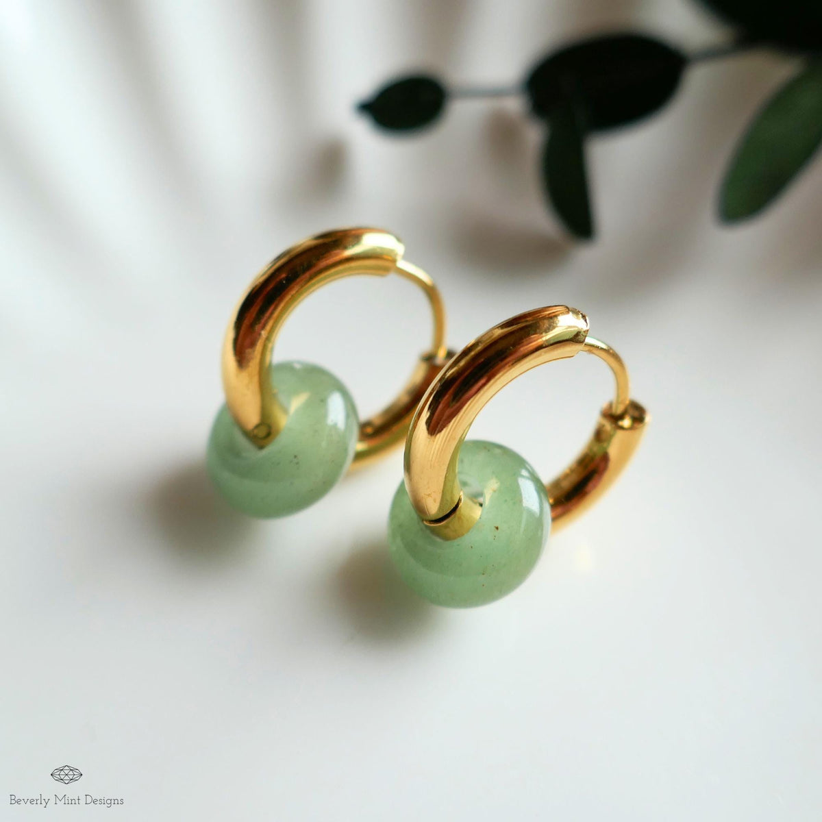 Chunky Gold Hoop Earrings with Green Aventurine Donut Charm, Modern Everyday Earrings, Natural Stone Jewelry,