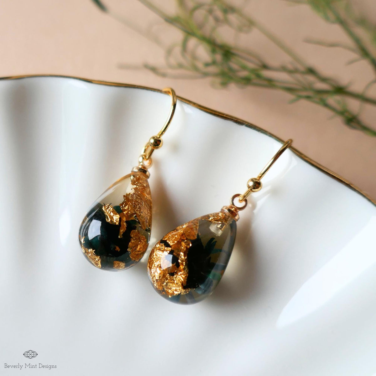 Pressed Flower Resin Earrings, Black Floral Drop Earrings, Gold Flake Jewelry, Nature Inspired Jewelry, Sensitive Ear & Clip-On Options