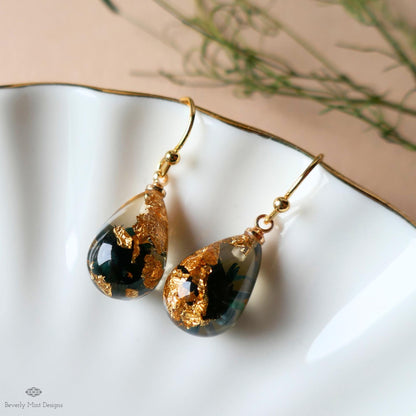 Pressed Flower Resin Earrings, Black Floral Drop Earrings, Gold Flake Jewelry, Nature Inspired Jewelry, Sensitive Ear & Clip-On Options