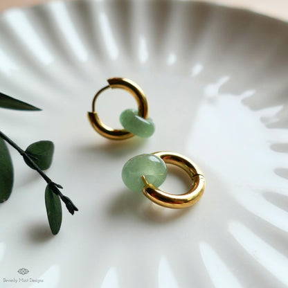 Chunky Gold Hoop Earrings with Green Aventurine Donut Charm, Modern Everyday Earrings, Natural Stone Jewelry,