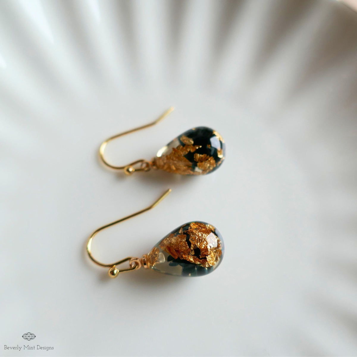 Pressed Flower Resin Earrings, Black Floral Drop Earrings, Gold Flake Jewelry, Nature Inspired Jewelry, Sensitive Ear & Clip-On Options