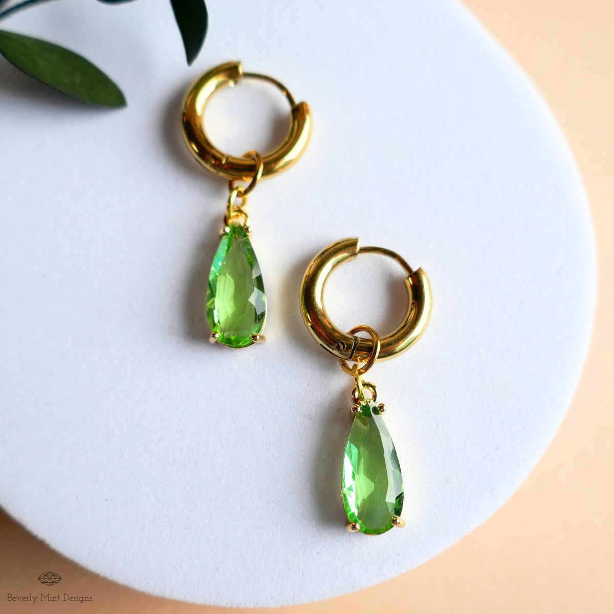 Light Green Crystal Earrings, Gold Teardrop Huggie, Elegant Drop Hoop Earrings, Peridot Style Jewelry, Minimalist