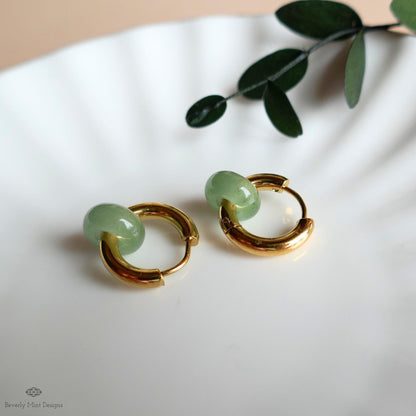 Chunky Gold Hoop Earrings with Green Aventurine Donut Charm, Modern Everyday Earrings, Natural Stone Jewelry,